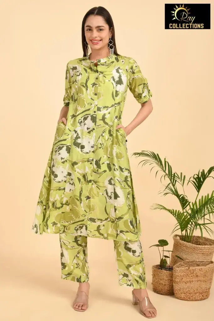 Export Muslin Aline Cord sets Black with Light Green (S-38)