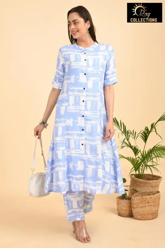 Export Rayon Aline Cord sets white with blue