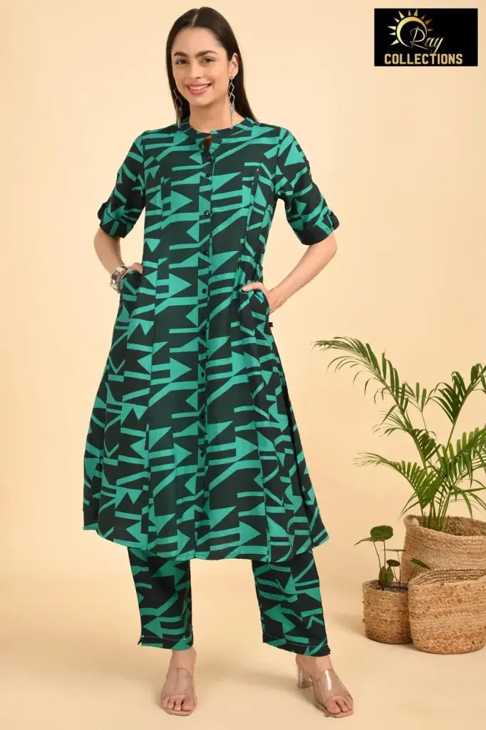 Muslin Aline Cord sets Green Black Pattern (S-38)