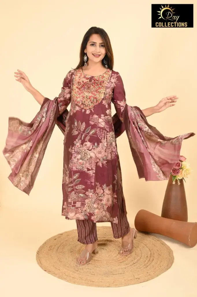 Partywear Duppatta kurta sets Brown, Cream Flowers (S-38)
