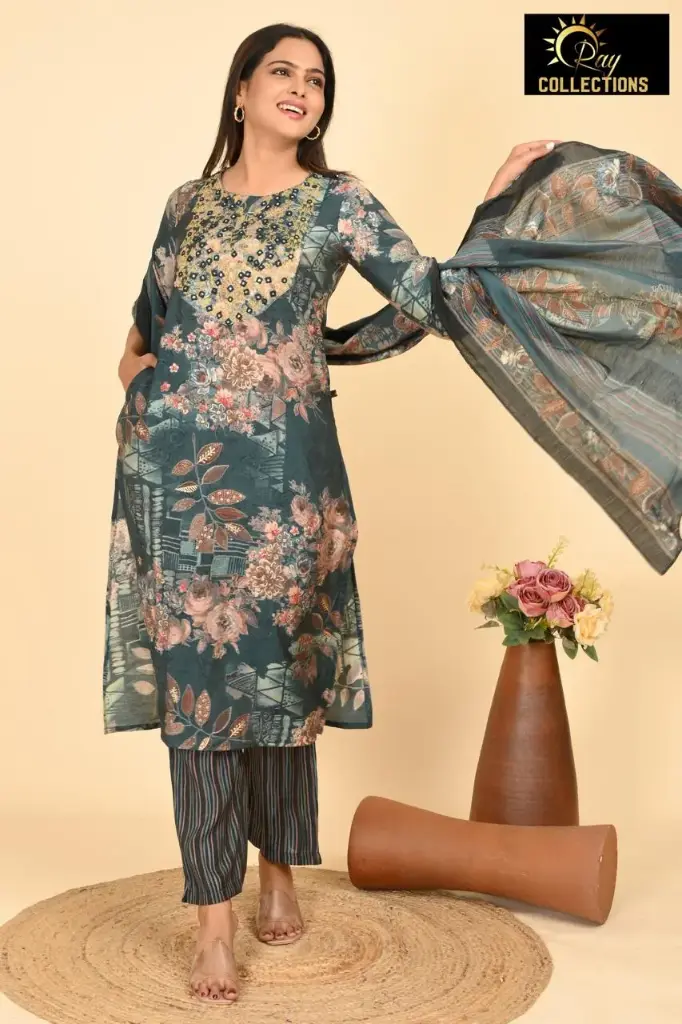 Partywear Duppatta kurta sets Green, Cream Flowers (S-38)