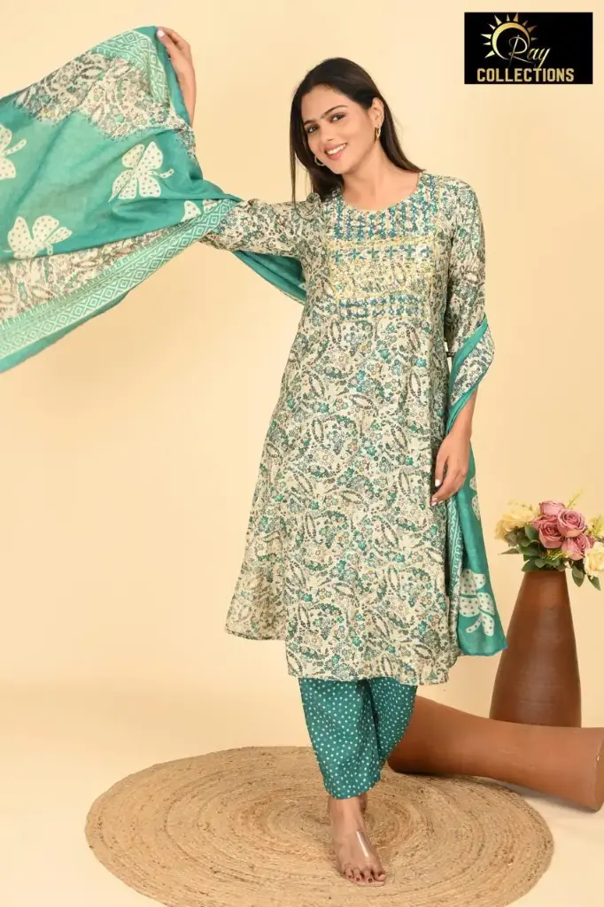 Partywear Duppatta kurta sets Greenish-Blue, Silver Pattern (S-38)