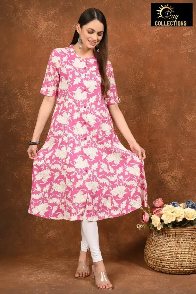 Aline kurtis Pink, Cream Flowers (S-38)