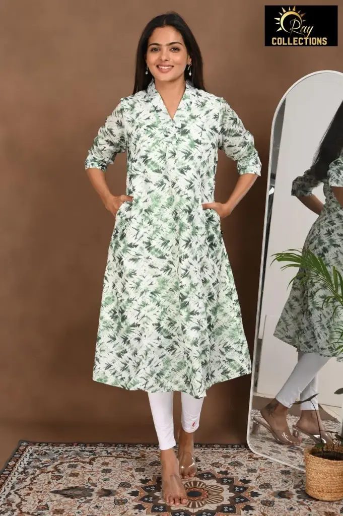 Aline Lining kurtis White-green leaves (S-38)