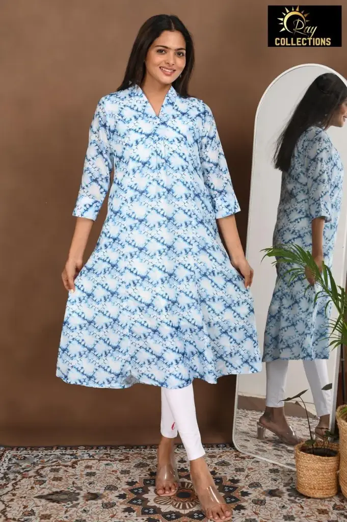 Aline Lining kurtis White-Blue Patterns (S-38)