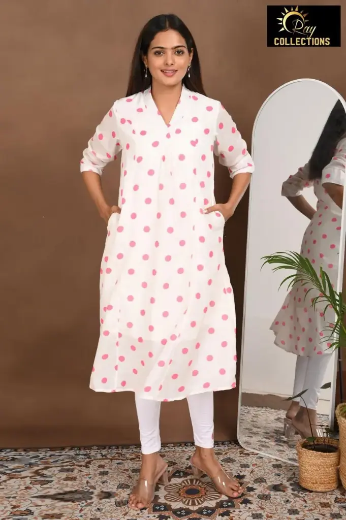 Aline Lining kurtis Cream-Pink Dots