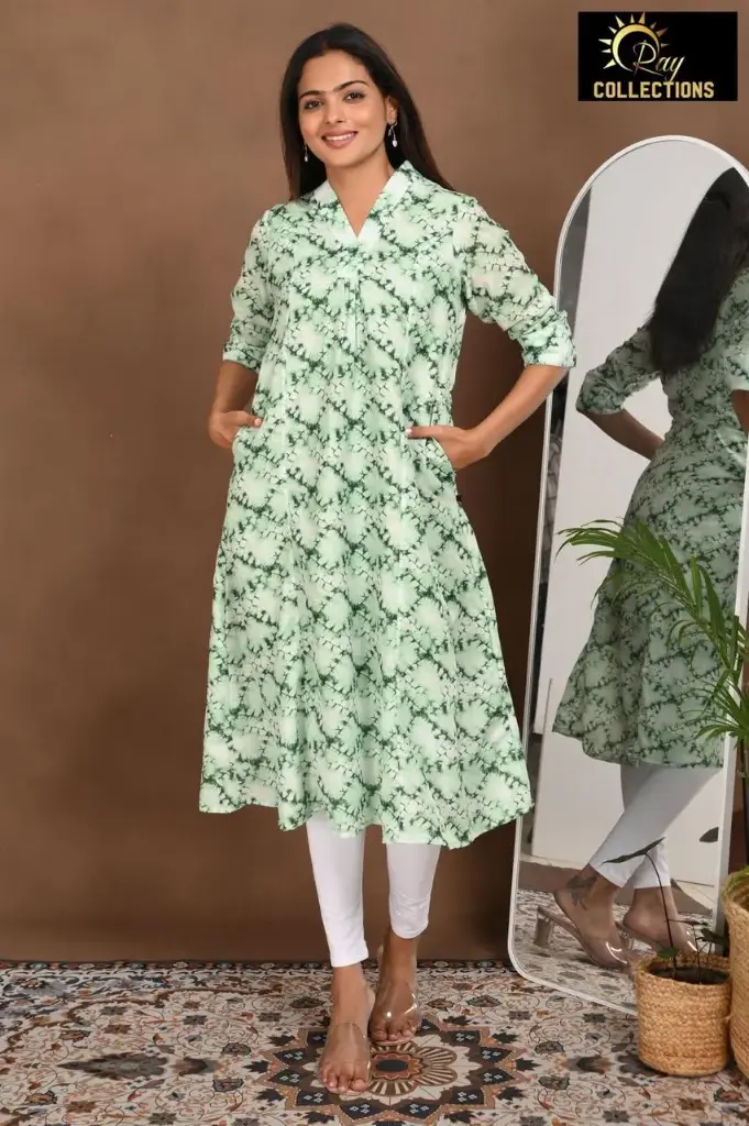 Aline Lining kurtis White-Green Patterns (S-38)