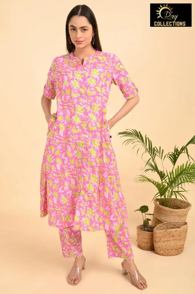 Aline Cotton Cordsets Pink-Yellow Flowers (S-38)