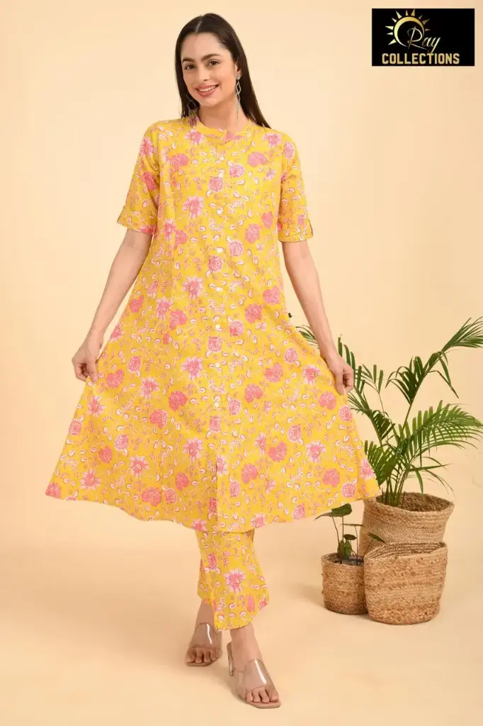 Aline Cotton Cordsets Yellow-Pink Flowers (S-38)