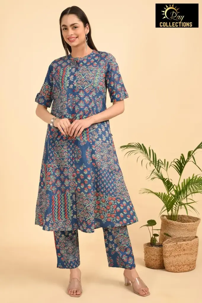 Aline Cotton Cordsets Dark Blue-Green,Red Pattern (S-38)