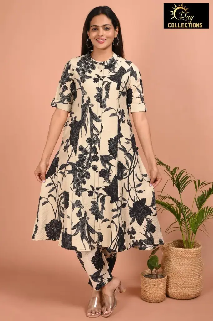 Muslin Aline cordsets cream with black floral  (S-38)