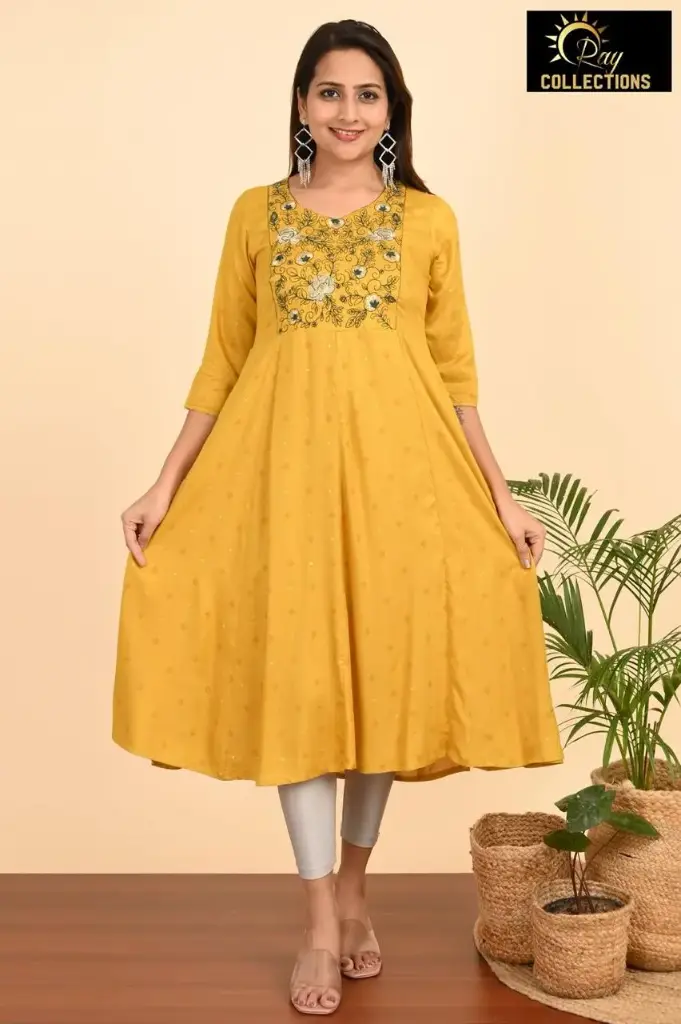 Umbrella kurtis-2 Yellow, Green embroidery (S-38)