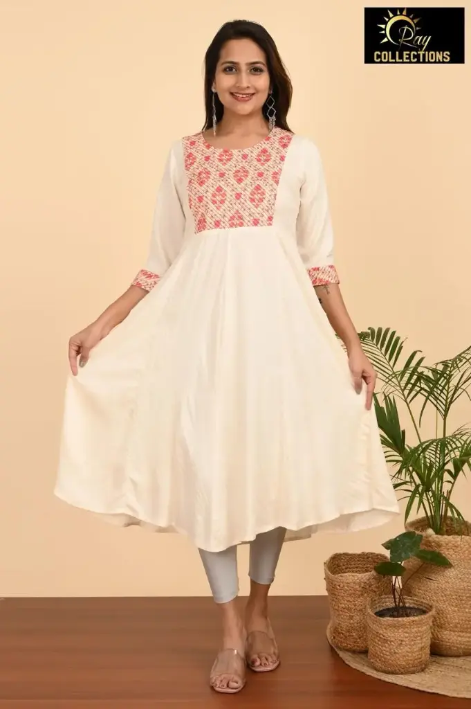 Umbrella kurtis-2 Cream, Pink embroidery (S-38)
