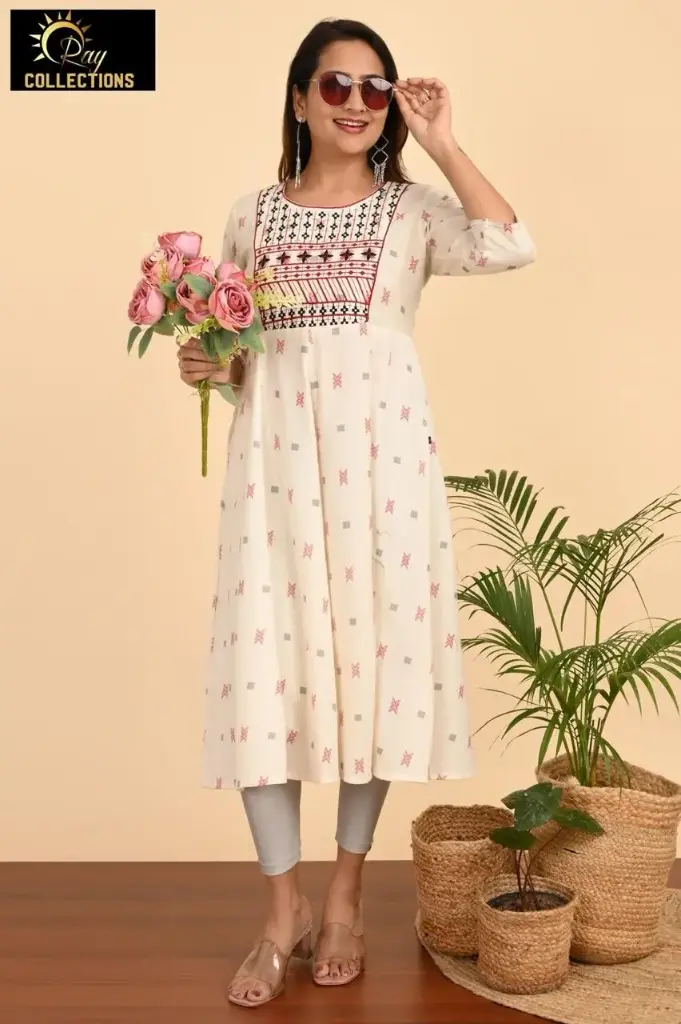 Umbrella kurtis-2 Cream, Red Black embroidery (S-38)