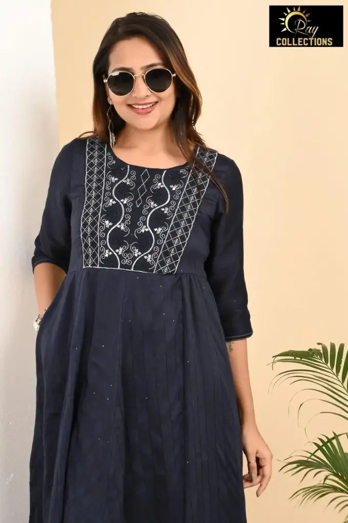 Umbrella kurtis-2 Bluish Gray, White embroidery