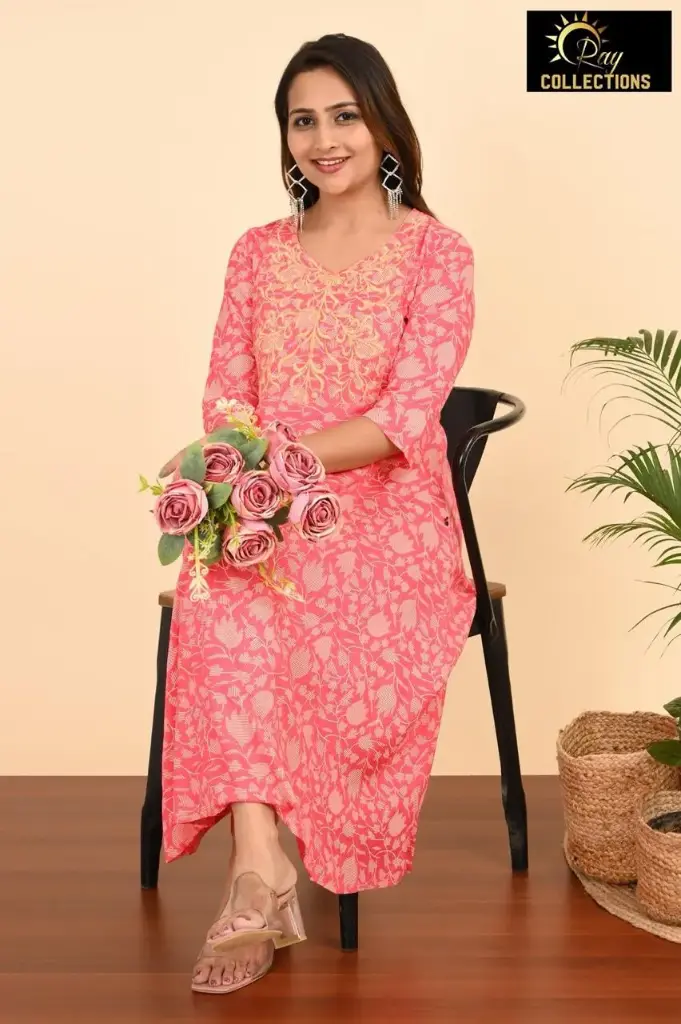 Umbrella kurtis-2 Pink, Yellow embroidery