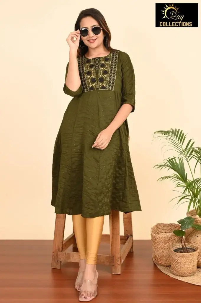 Umbrella kurtis-2 Dark olive Green, Gold embroidery (S-38)