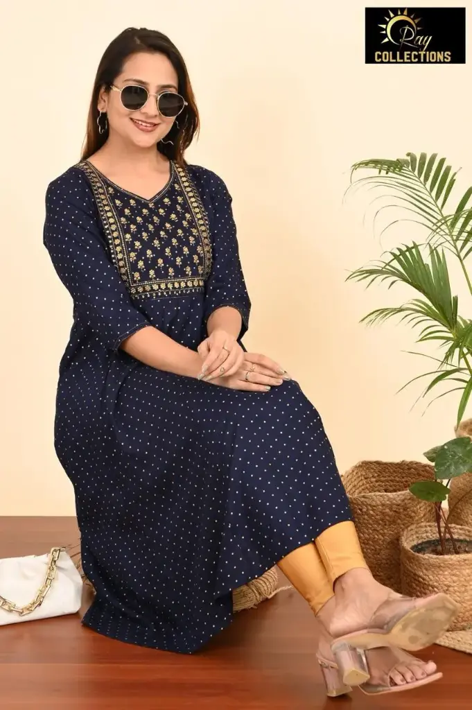 Umbrella kurtis-2 Dark Blue, Cream embroidery (S-38)