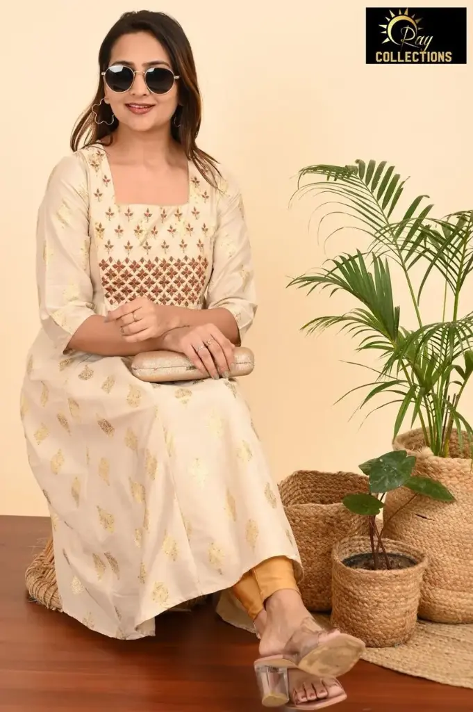 Umbrella kurtis-2 Cream, Brown embroidery