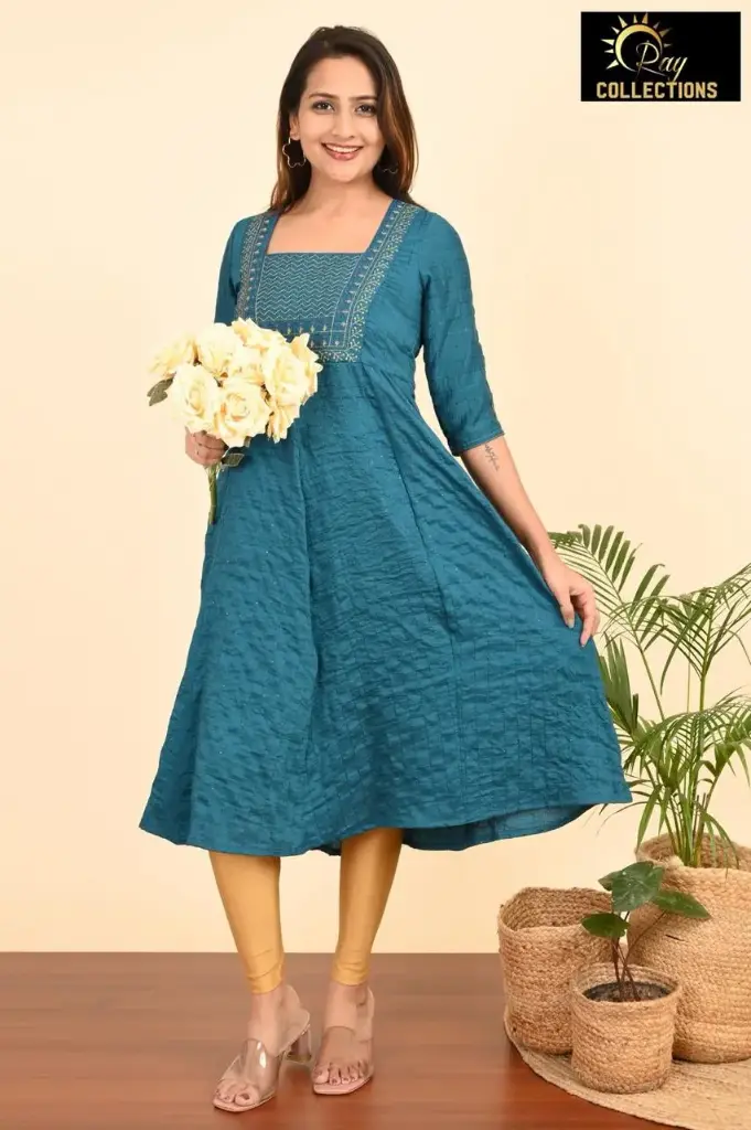 Umbrella kurtis-2 Greenish Blue, Cream embroidery (S-38)