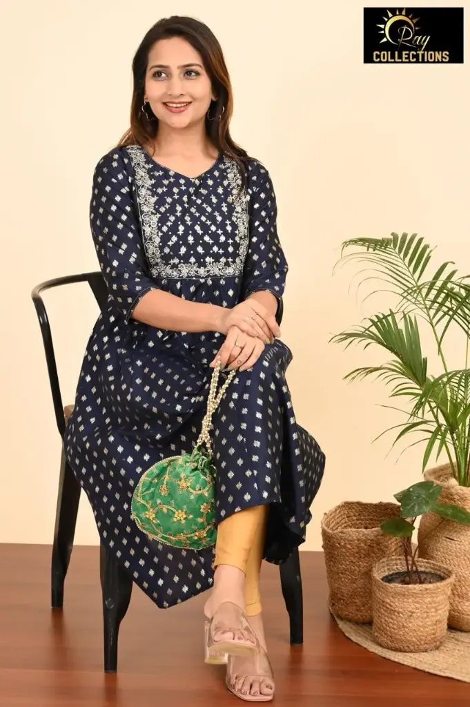 Umbrella kurtis-2 Dark bluish-gray, Cream embroidery