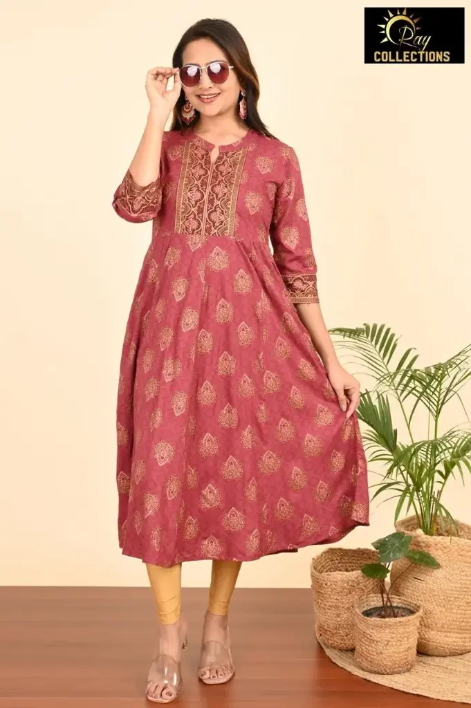 Umbrella kurtis-2 Meroon, Gold embroidery