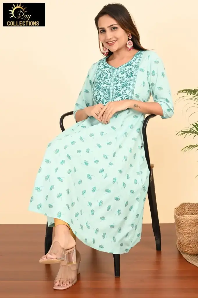 Umbrella kurtis-2 Pastel blue, Blue embroidery