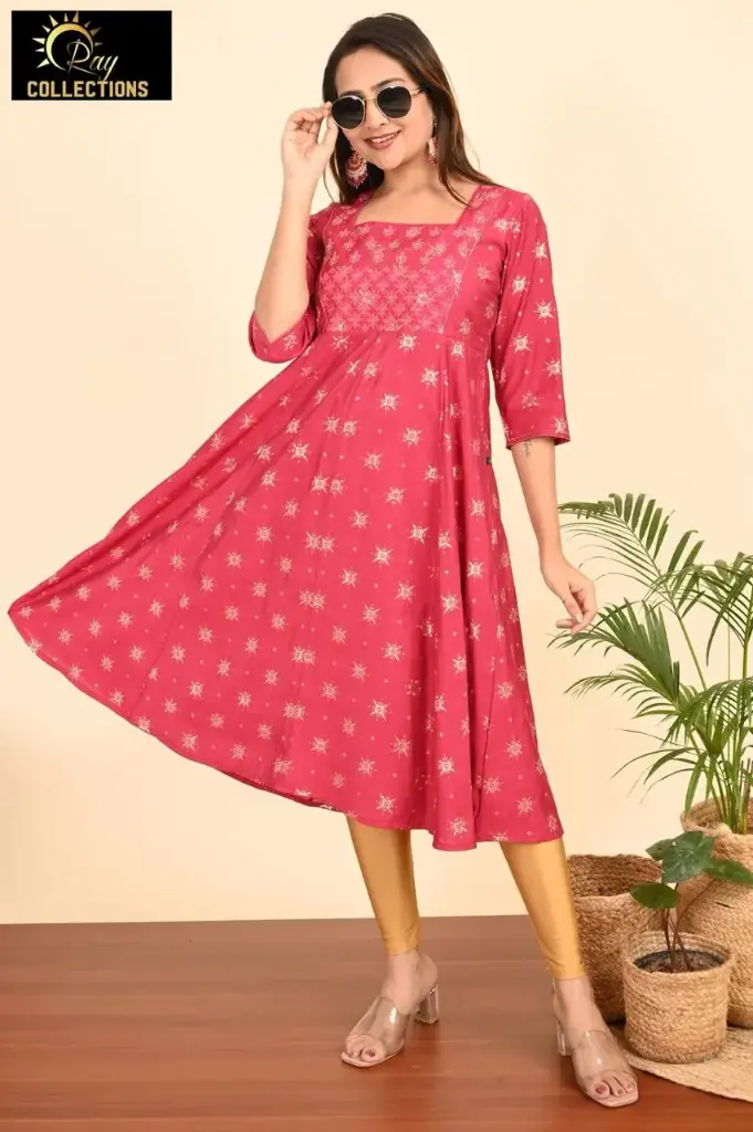 Umbrella kurtis-2 Rose Pink, White embroidery