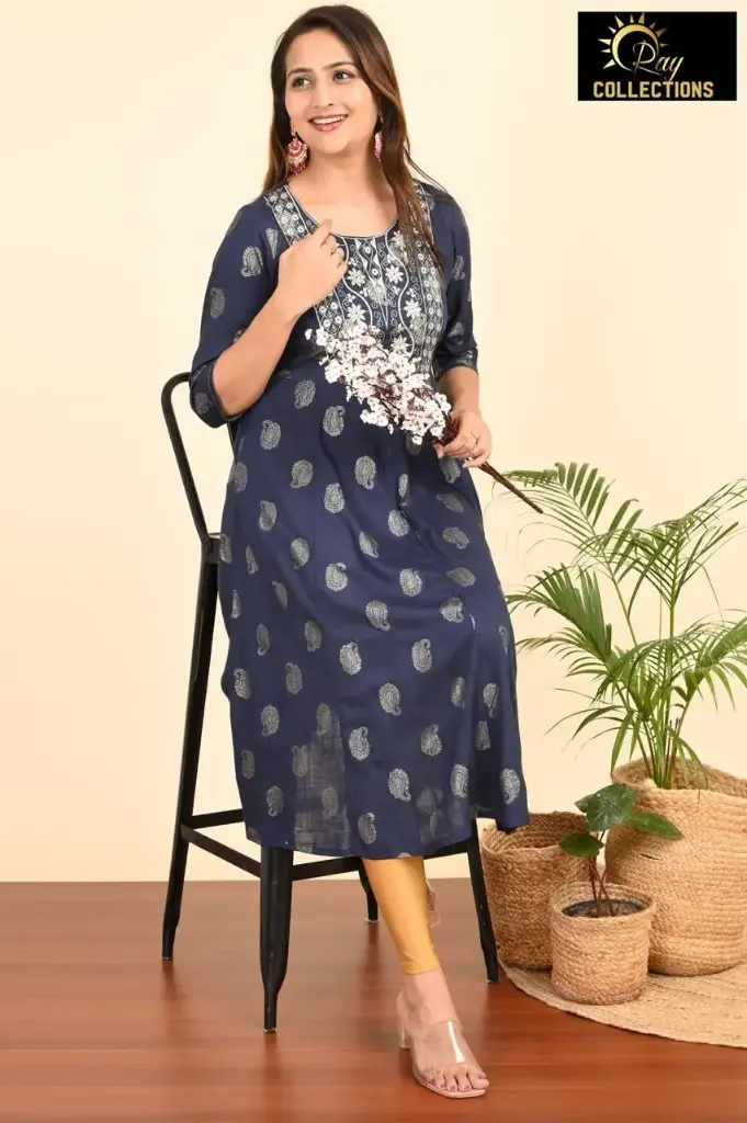 Umbrella kurtis-2 Blackish Blue, White embroidery