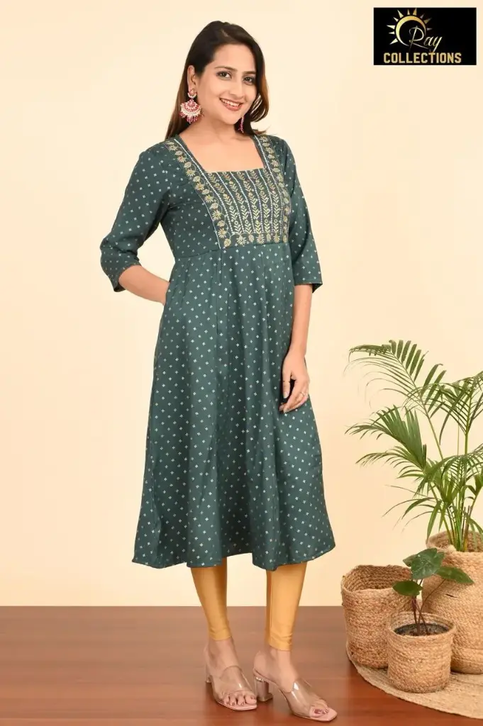 Umbrella kurtis-2 Dark Green, Gold embroidery