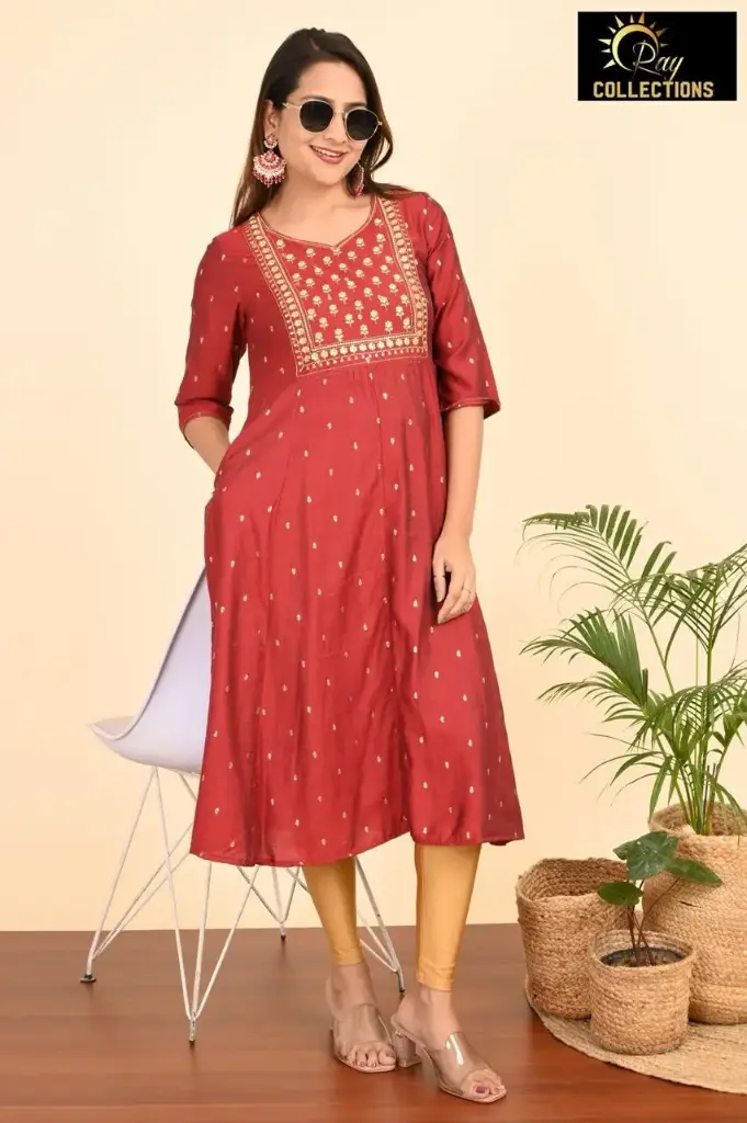Umbrella kurtis-2 Red, Gold embroidery (S-38)