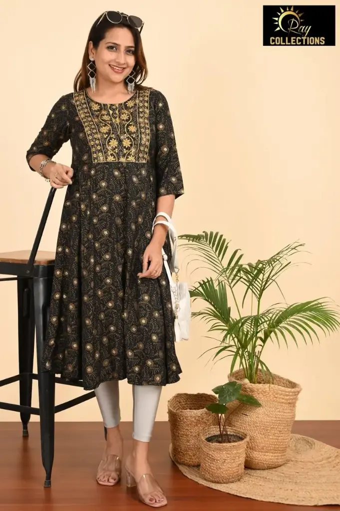 Umbrella kurtis-2 Black and Brown, Gold embroidery (S-38)