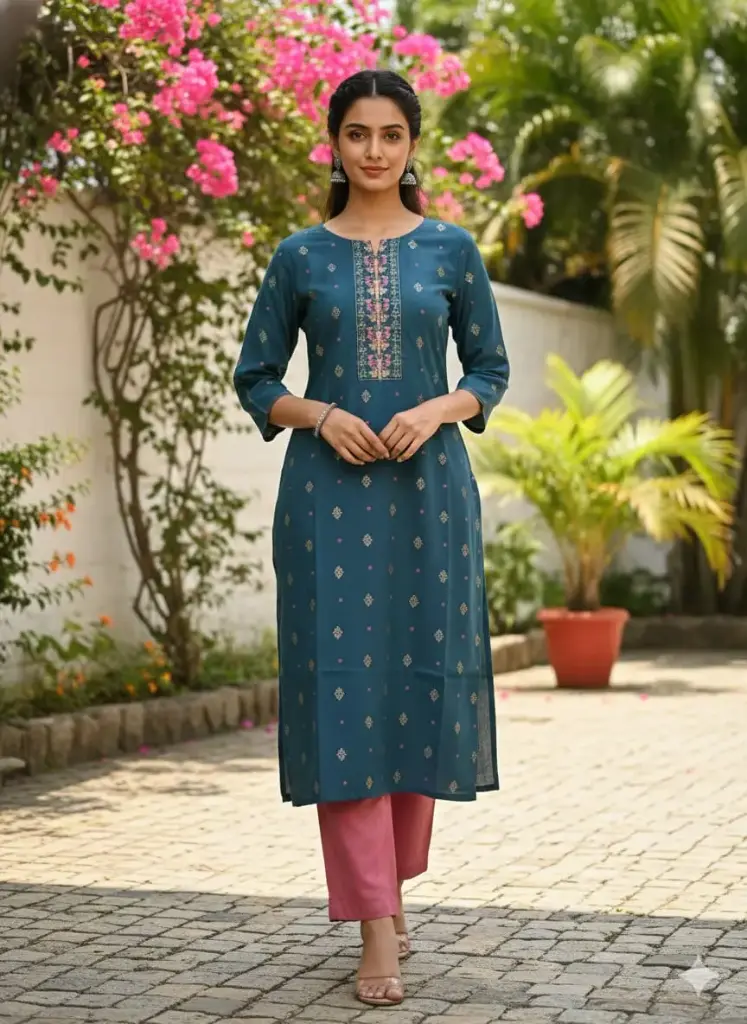 Embroidery Kurtis Blue and Yellow, Pink Embroidery (S-38)