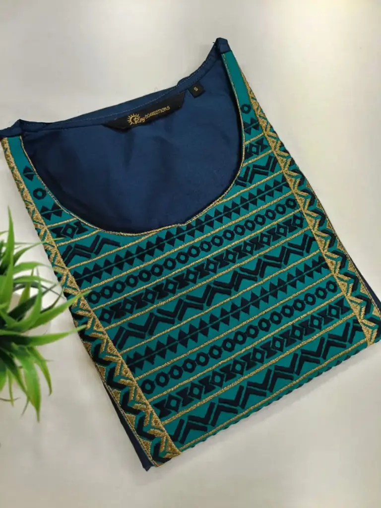 Embroidery Kurtis Greenish Blue and Gold, Black Embroidery