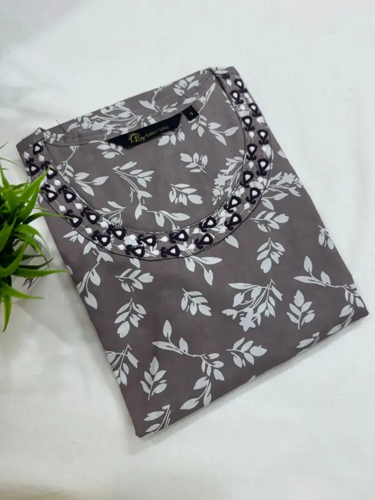 Embroidery Kurtis Dark Gray, White Leaves