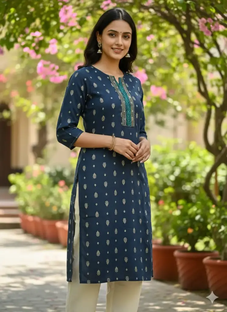 Embroidery Kurtis Night Blue, Gold and Blue Embroidery (M-40)