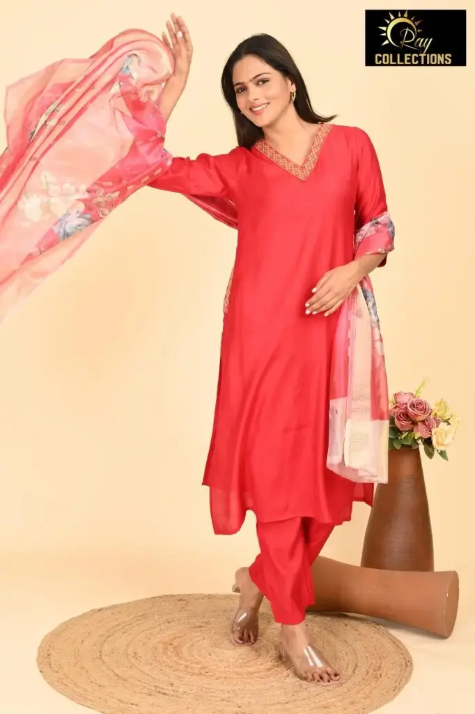 Partywear Duppatta kurta sets bright red (S-38)