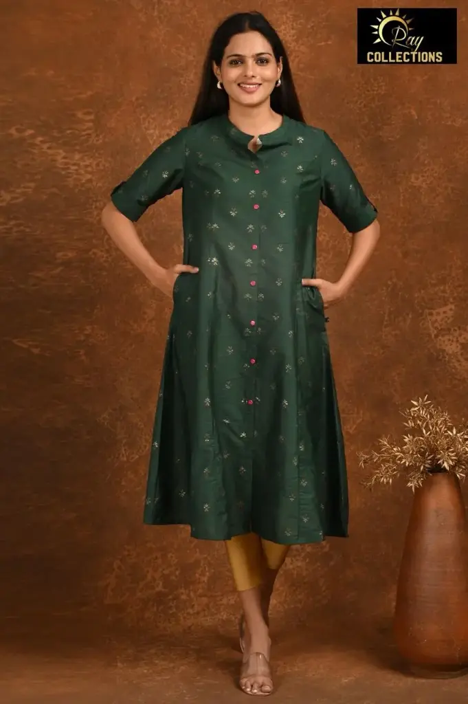 Aline kurtis Shiny dark green, Gold dots (S-38)