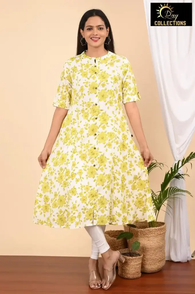 Aline kurtis cotton White, Greenish Yellow Flowers  (S-38)