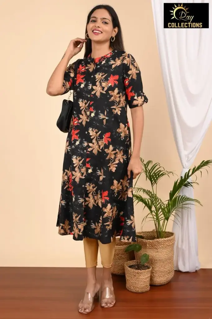 Aline Kurtis Dark Green, Pink-Brown Flowers (S-38)