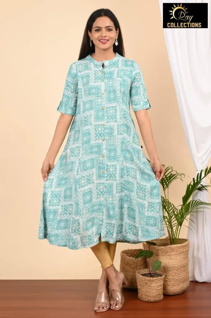 Aline kurtis Light blue, white patterns (S-38)