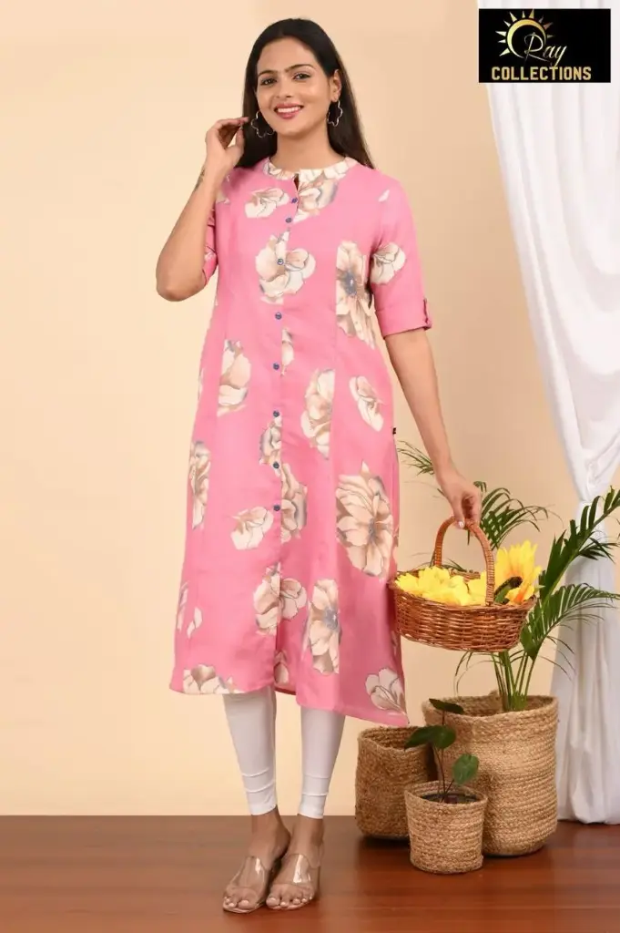 Aline kurtis cotton Pink, cream brown flowers (S-38)