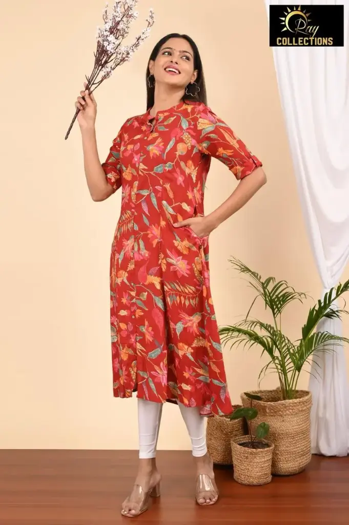 Aline kurtis Red, green-yellow flowers (S-38)