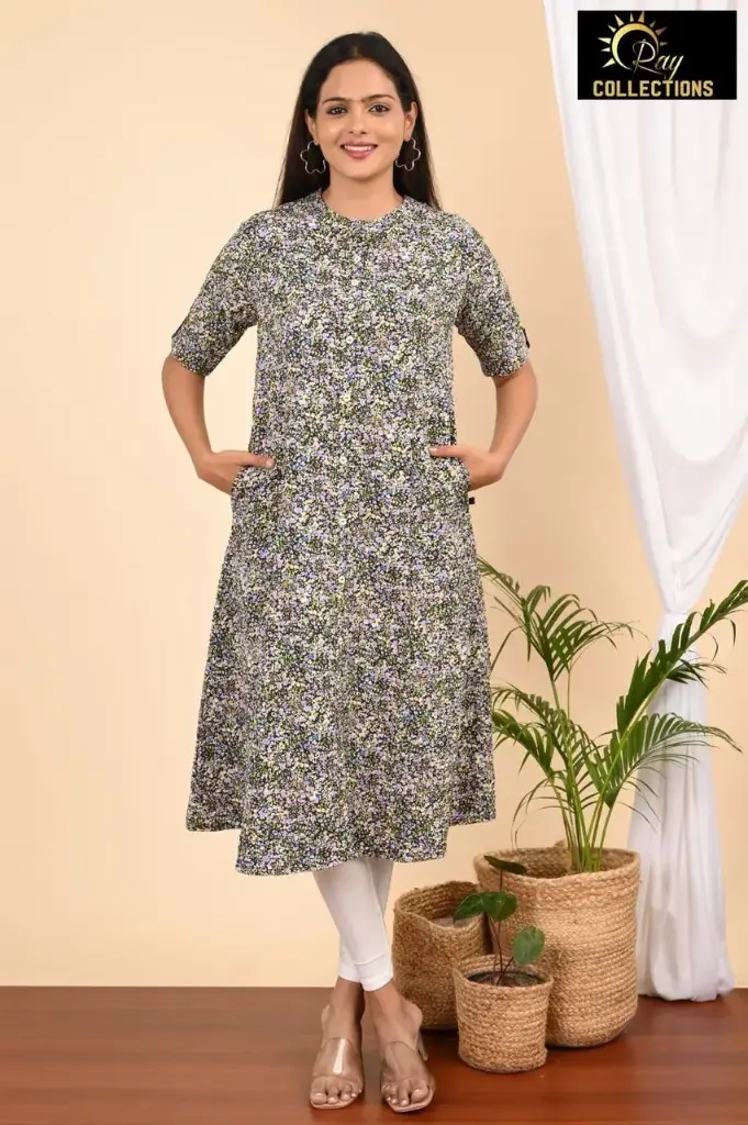 Aline kurtis dark green and multi color dots (S-38)