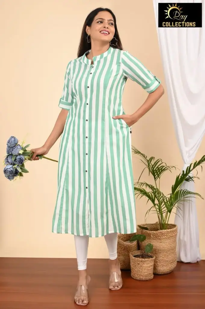 Aline kurtis Greenish blue, cream Strips (S-38)