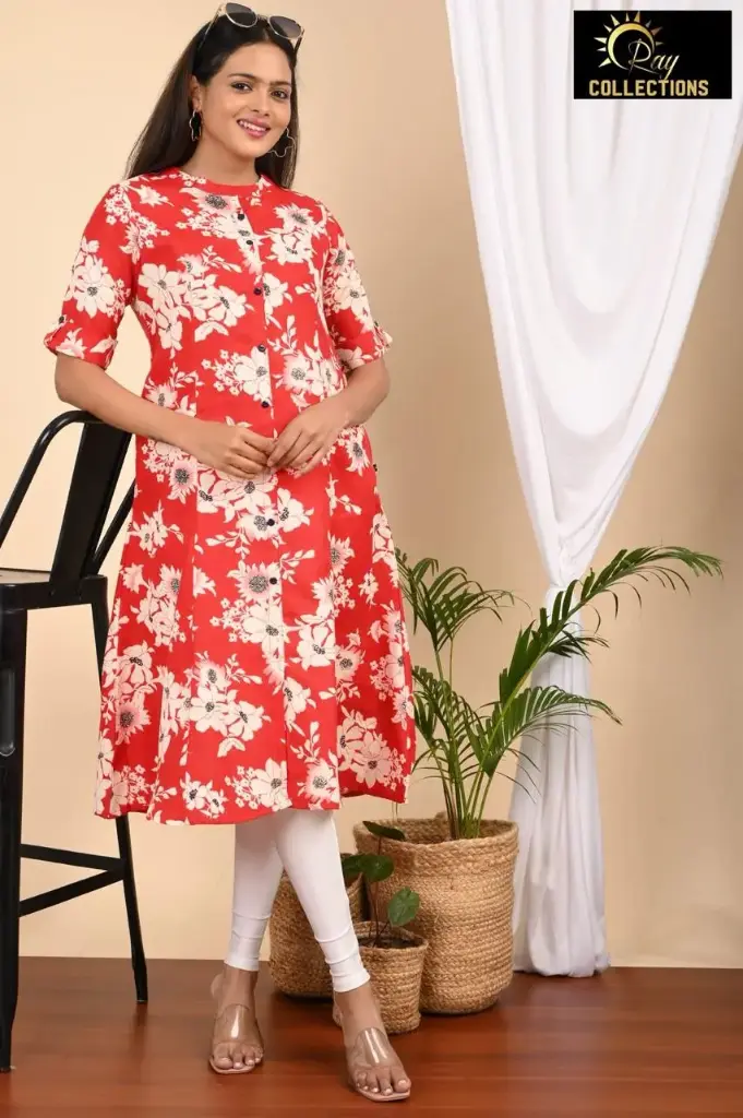 Aline kurtis Red, cream flowers (S-38)