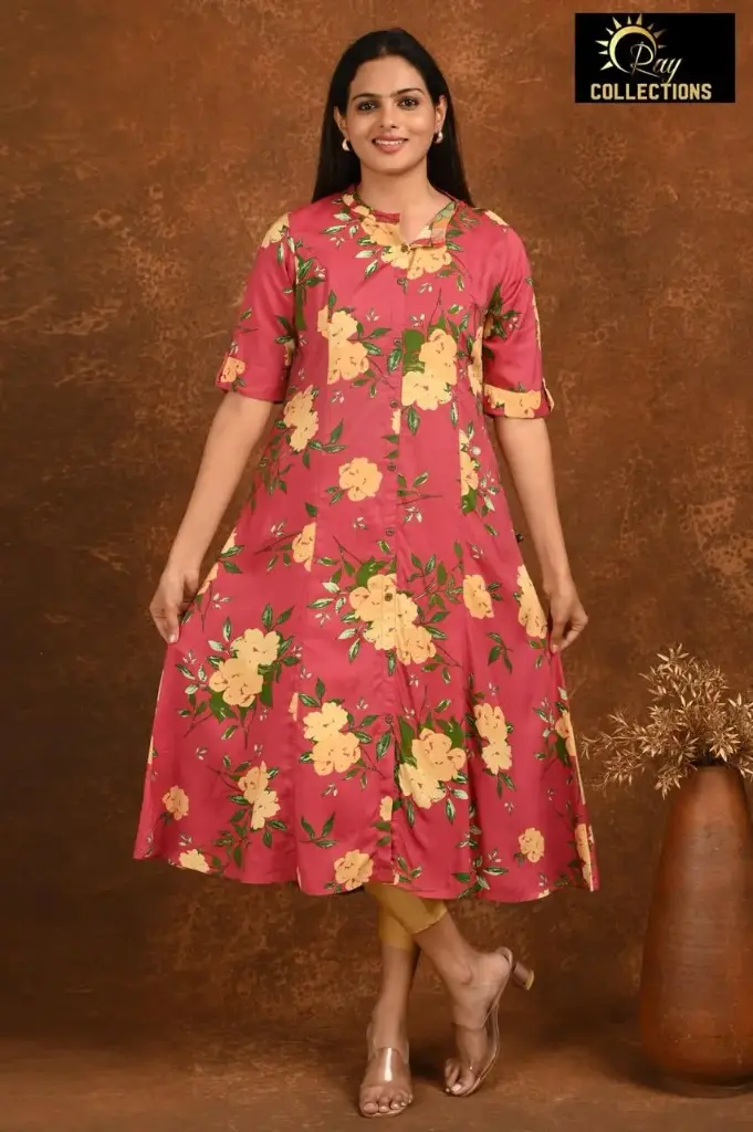Aline kurtis Rose red, yellow flowers (S-38)