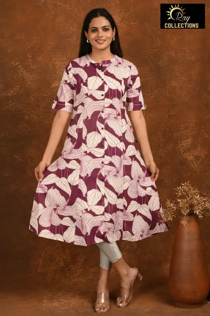 Aline kurtis cotton Brown, Cream leaves (S-38)