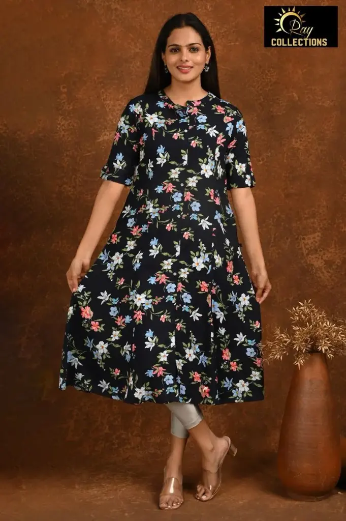 Aline kurtis black, blue pink white flowers (S-38)