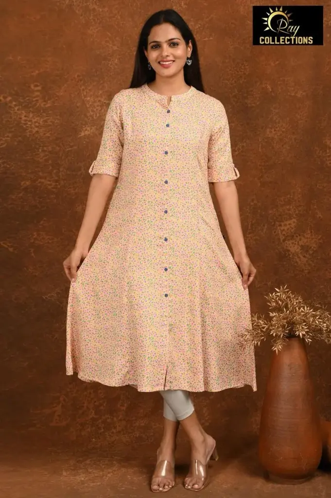 Aline kurtis light peach, green yellow dots (S-38)